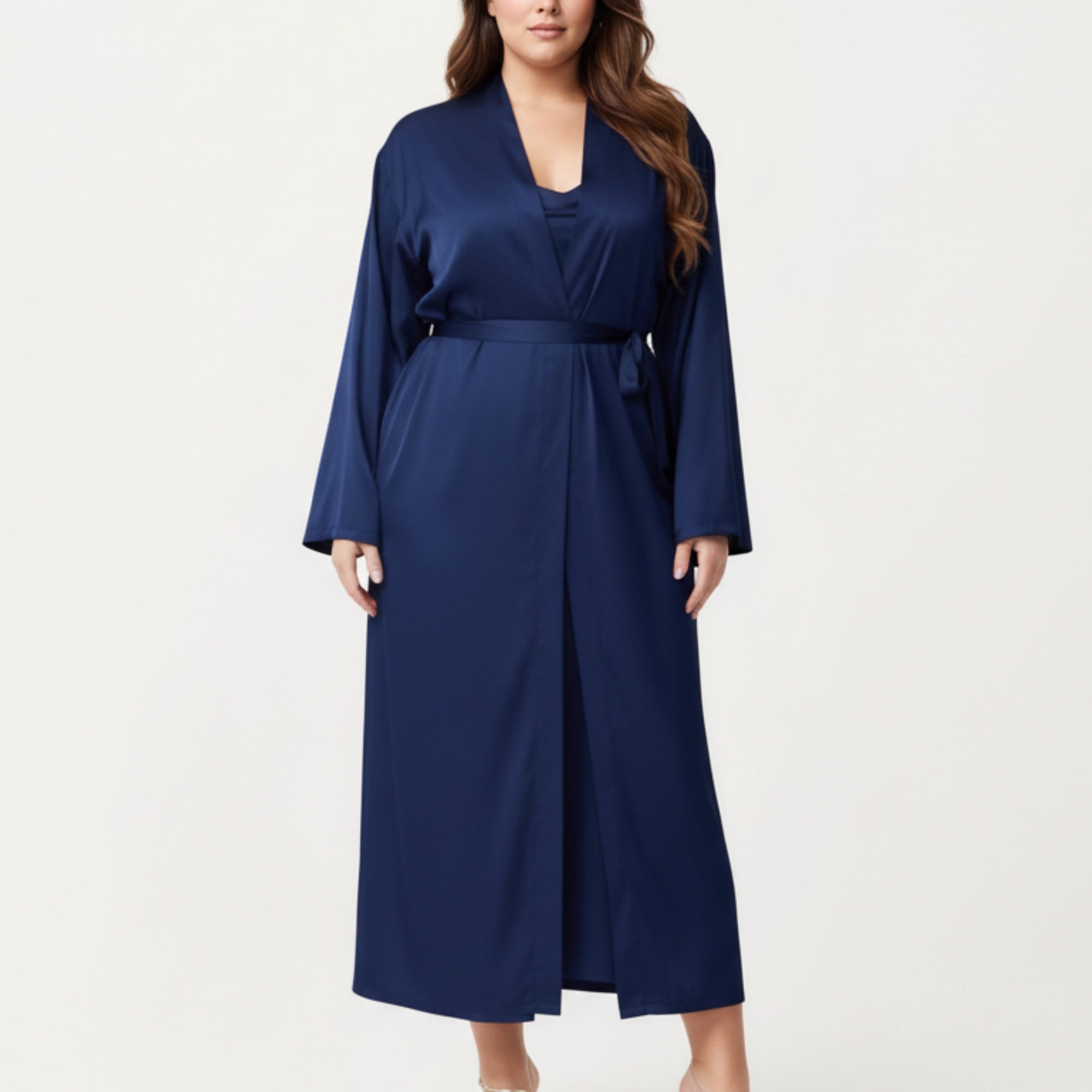 Anna-Kaci Lounge Women's Plus Size Long Robe Set with Soft Draped Silhouette and Smooth Flowing Fabric for an Layered Lounge Look