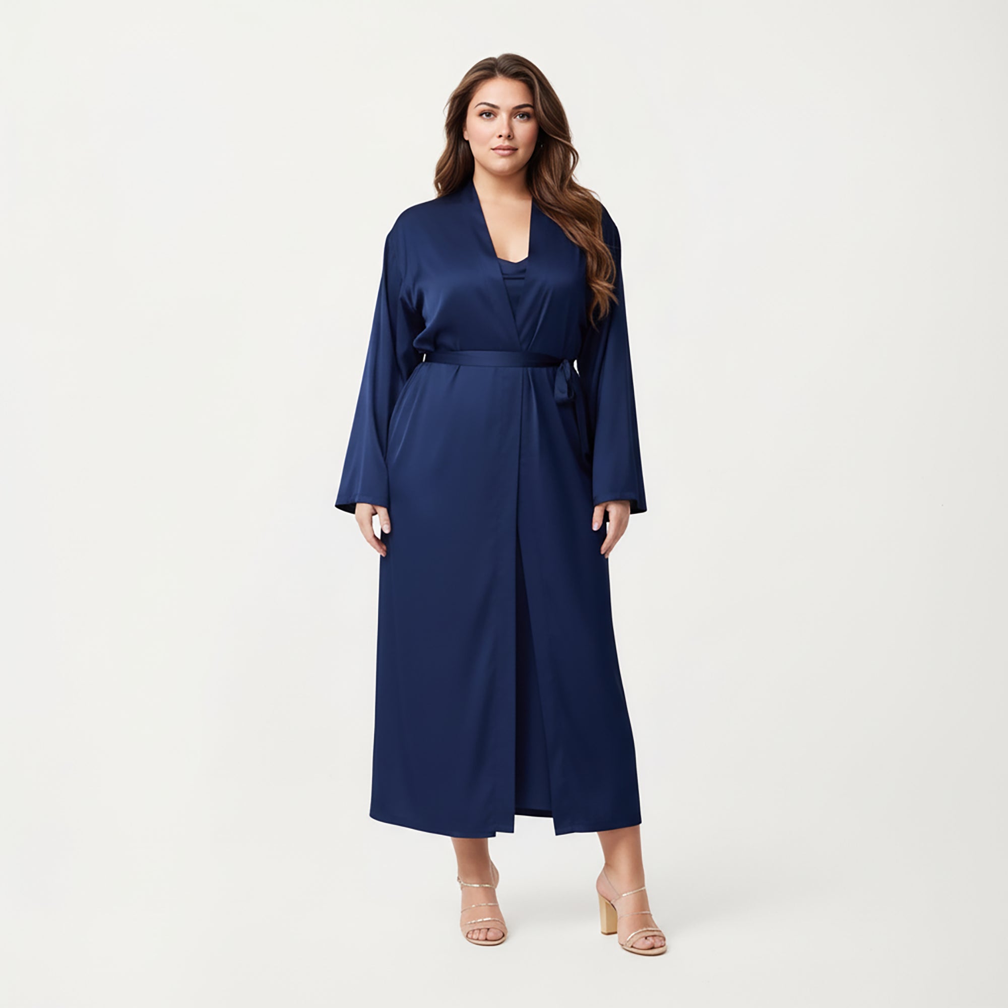 Anna-Kaci Lounge Women's Plus Size Long Robe Set with Soft Draped Silhouette and Smooth Flowing Fabric for an Layered Lounge Look