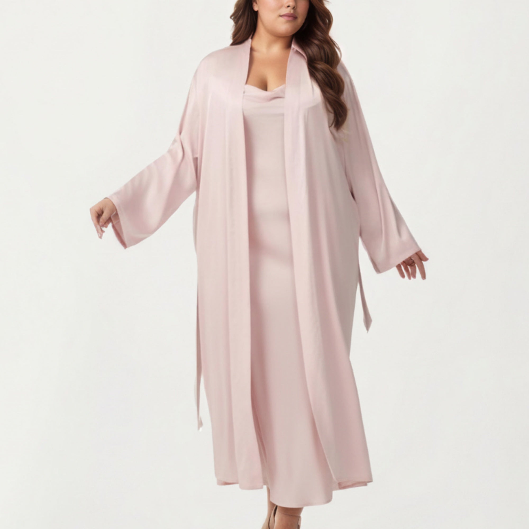 Anna-Kaci Lounge Women's Plus Size Long Robe Set with Soft Draped Silhouette and Smooth Flowing Fabric for an Layered Lounge Look