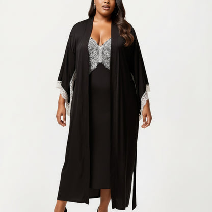 Anna-Kaci Lounge Women's Plus Size Long Robe Set with Soft Draped Silhouette and Delicate Lace Trim Accents for a Layered Look