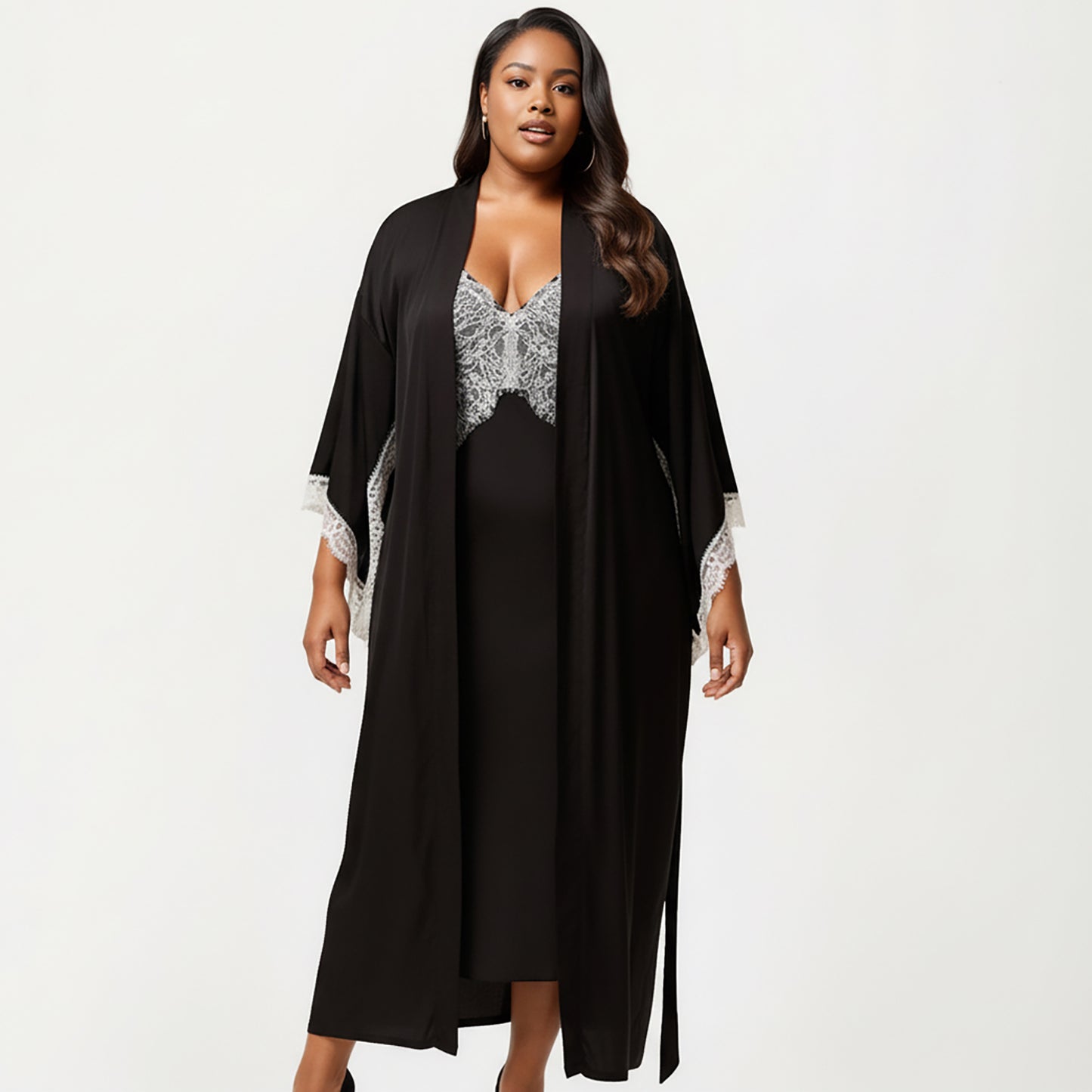 Anna-Kaci Lounge Women's Plus Size Long Robe Set with Soft Draped Silhouette and Delicate Lace Trim Accents for a Layered Look