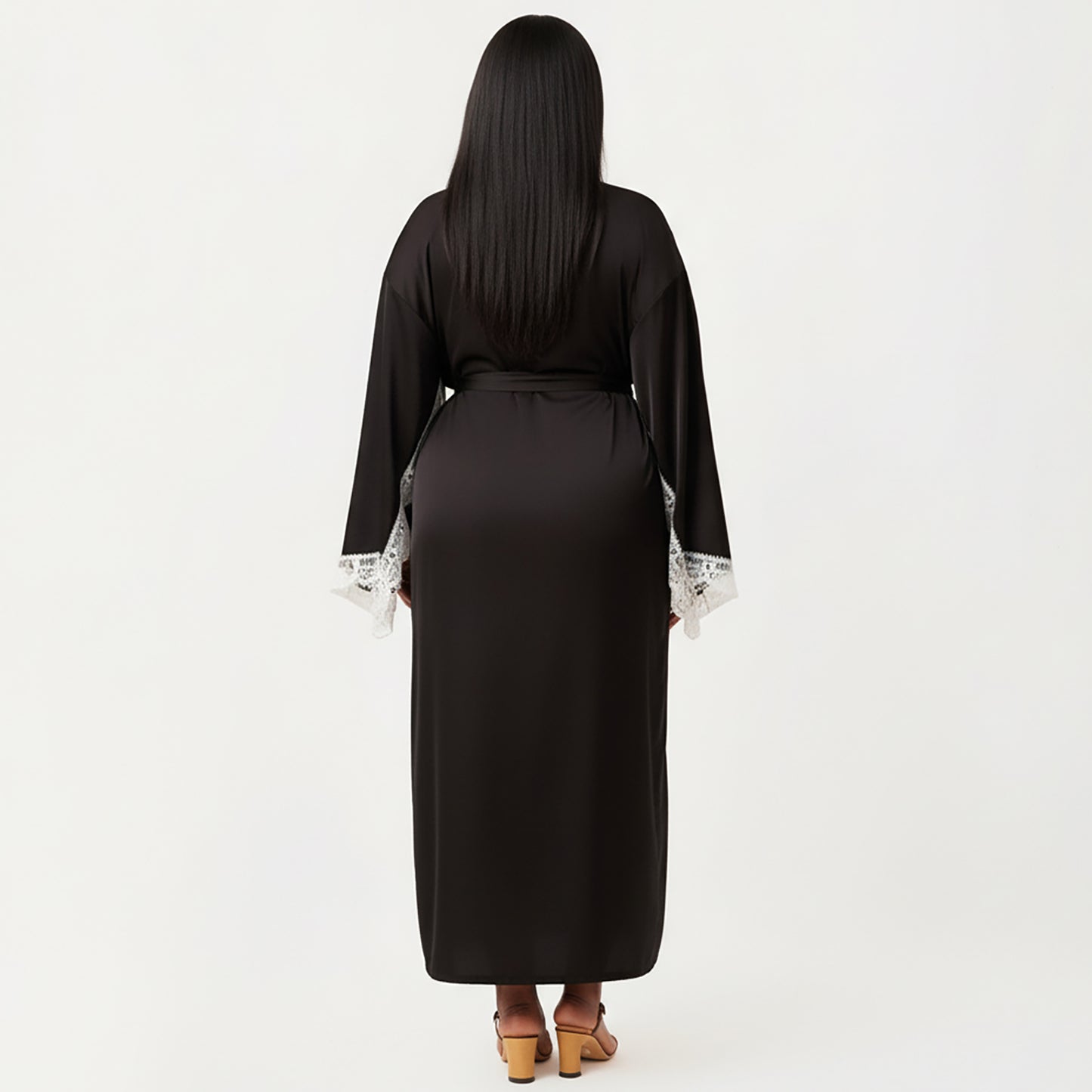 Anna-Kaci Lounge Women's Plus Size Long Robe Set with Soft Draped Silhouette and Delicate Lace Trim Accents for a Layered Look