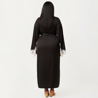 Anna-Kaci Lounge Women's Plus Size Long Robe Set with Soft Draped Silhouette and Delicate Lace Trim Accents for a Layered Look
