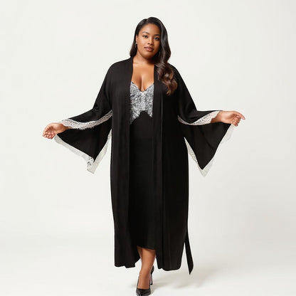 Anna-Kaci Lounge Women's Plus Size Long Robe Set with Soft Draped Silhouette and Delicate Lace Trim Accents for a Layered Look