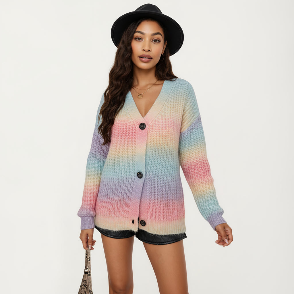 Anna-Kaci Women's Soft Knit V-Neck Button Front Cardigan with Cozy Textured Stitching and Relaxed Everyday Layering Fit