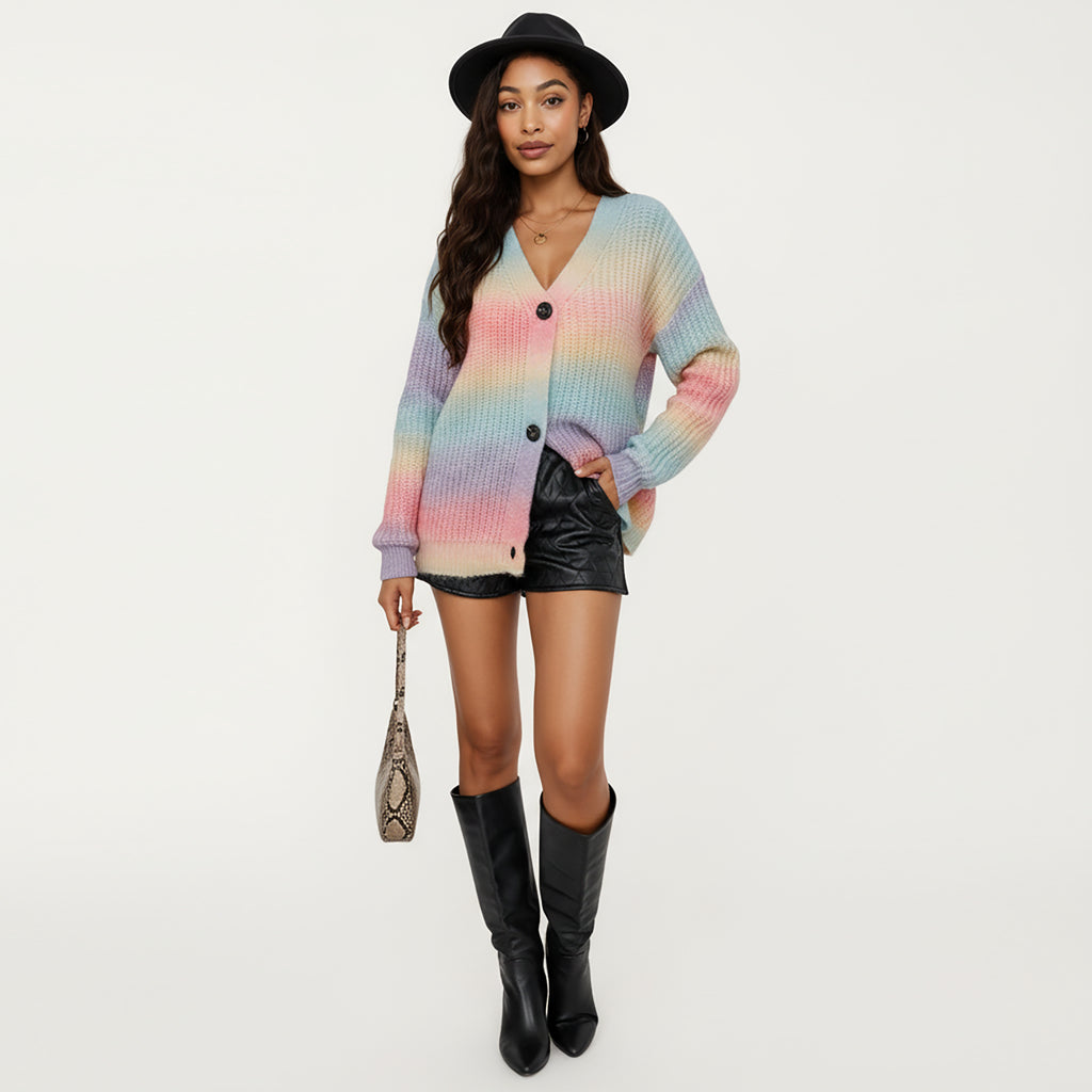Anna-Kaci Women's Soft Knit V-Neck Button Front Cardigan with Cozy Textured Stitching and Relaxed Everyday Layering Fit