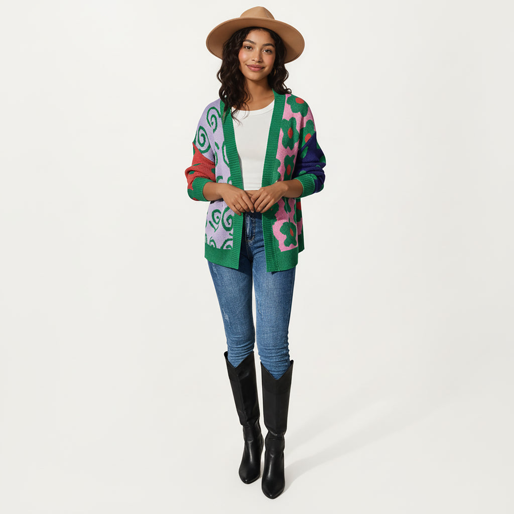 Anna-Kaci Women's Multi Pattern Open Front Cardigan with Long Sleeves, Soft Knit Texture and Comfortable Relaxed Layering Fit