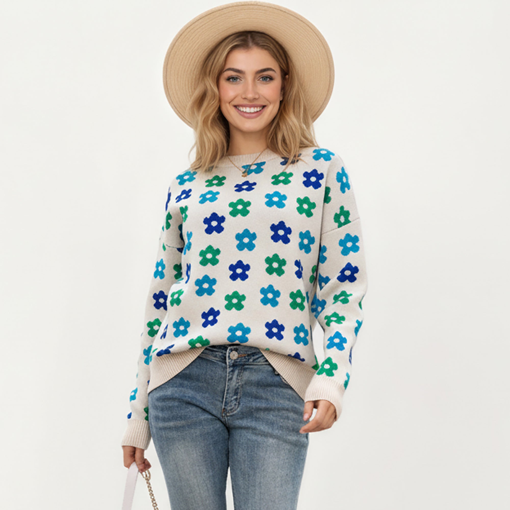 Anna-Kaci Women's Flower Pattern Knit Sweater with Long Sleeves, Soft Textured Feel and Comfortable Relaxed Everyday Fit