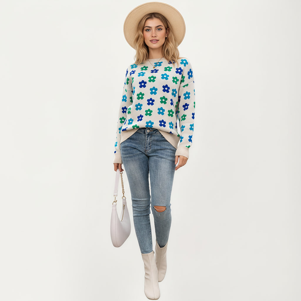 Anna-Kaci Women's Flower Pattern Knit Sweater with Long Sleeves, Soft Textured Feel and Comfortable Relaxed Everyday Fit