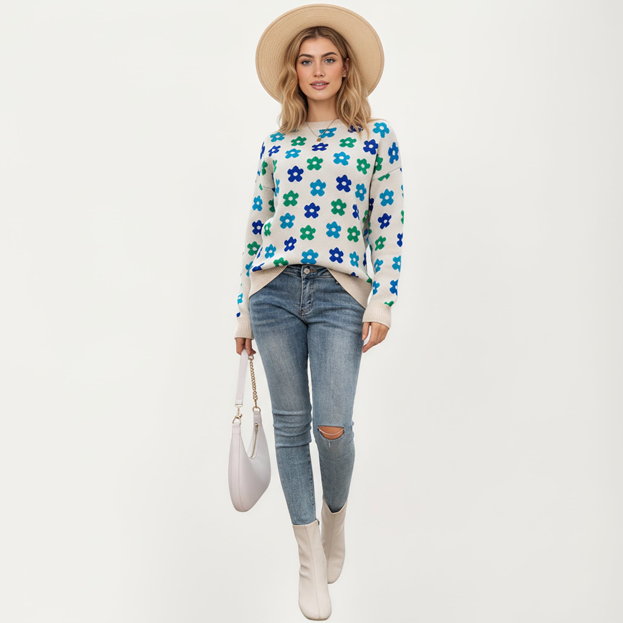 Anna-Kaci Women's Flower Pattern Knit Sweater with Long Sleeves, Soft Textured Feel and Comfortable Relaxed Everyday Fit