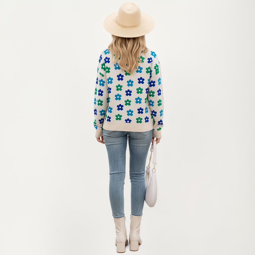 Anna-Kaci Women's Flower Pattern Knit Sweater with Long Sleeves, Soft Textured Feel and Comfortable Relaxed Everyday Fit