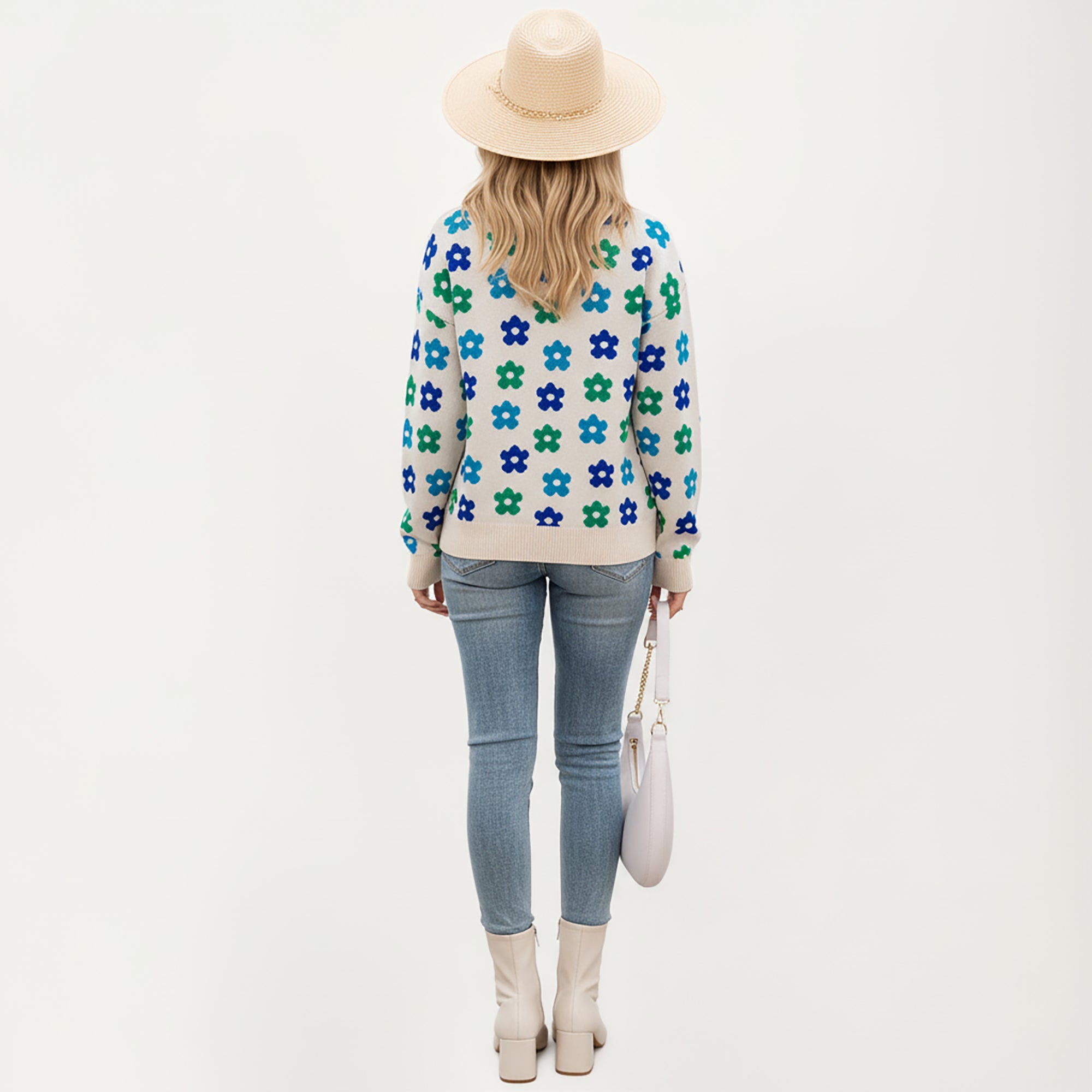 Anna-Kaci Women's Flower Pattern Knit Sweater with Long Sleeves, Soft Textured Feel and Comfortable Relaxed Everyday Fit