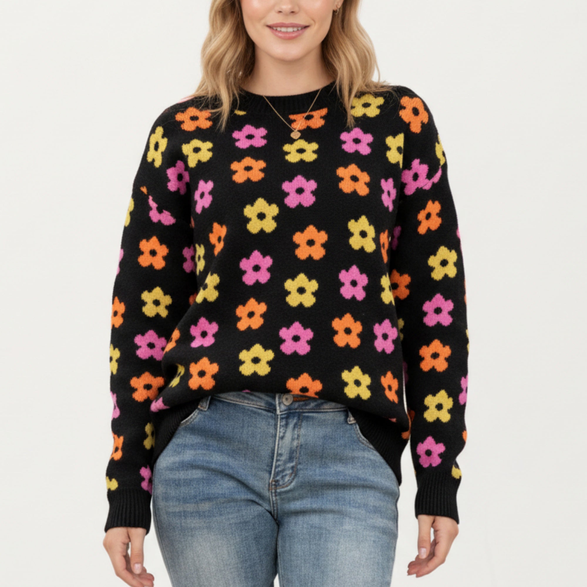 Anna-Kaci Women's Flower Pattern Knit Sweater with Long Sleeves, Soft Textured Feel and Comfortable Relaxed Everyday Fit