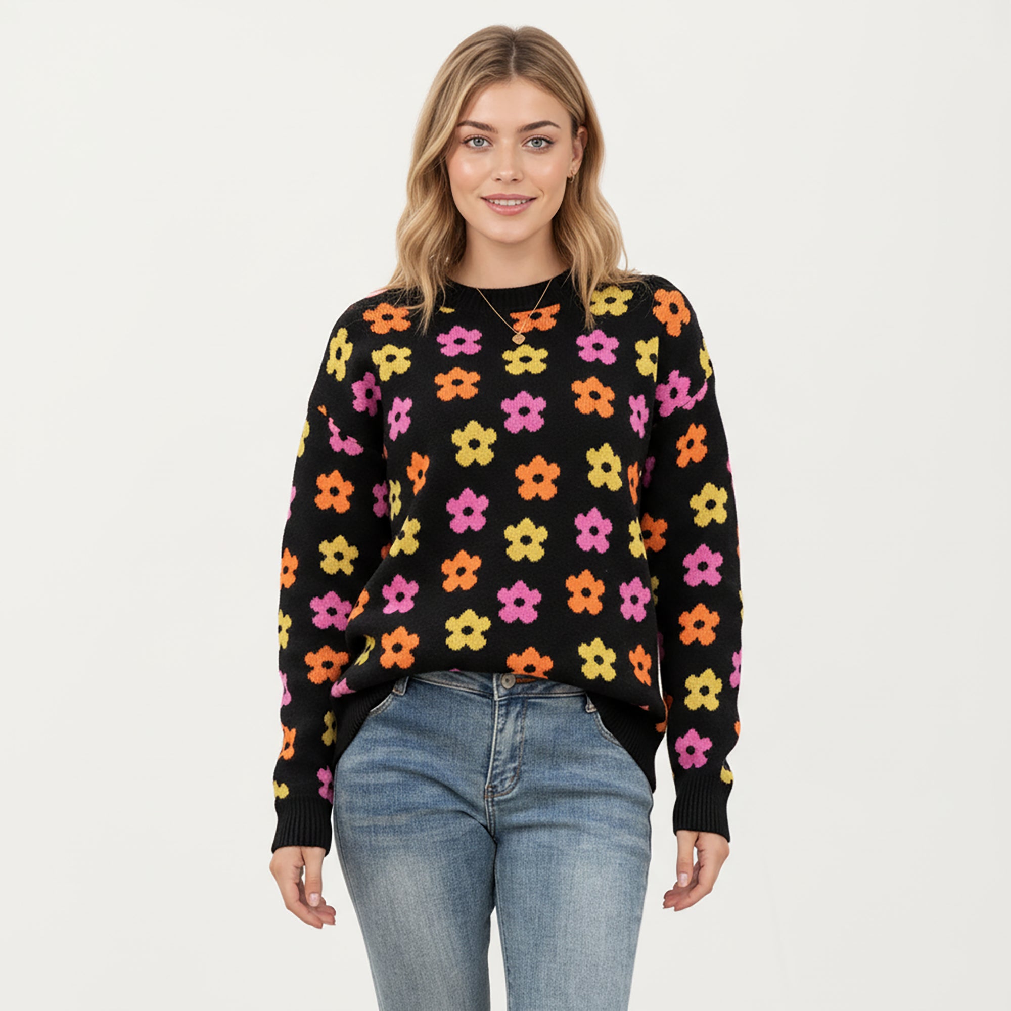 Anna-Kaci Women's Flower Pattern Knit Sweater with Long Sleeves, Soft Textured Feel and Comfortable Relaxed Everyday Fit