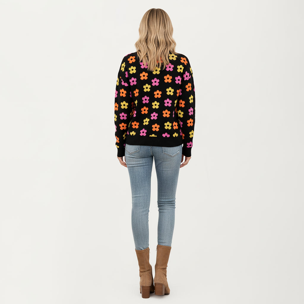 Anna-Kaci Women's Flower Pattern Knit Sweater with Long Sleeves, Soft Textured Feel and Comfortable Relaxed Everyday Fit