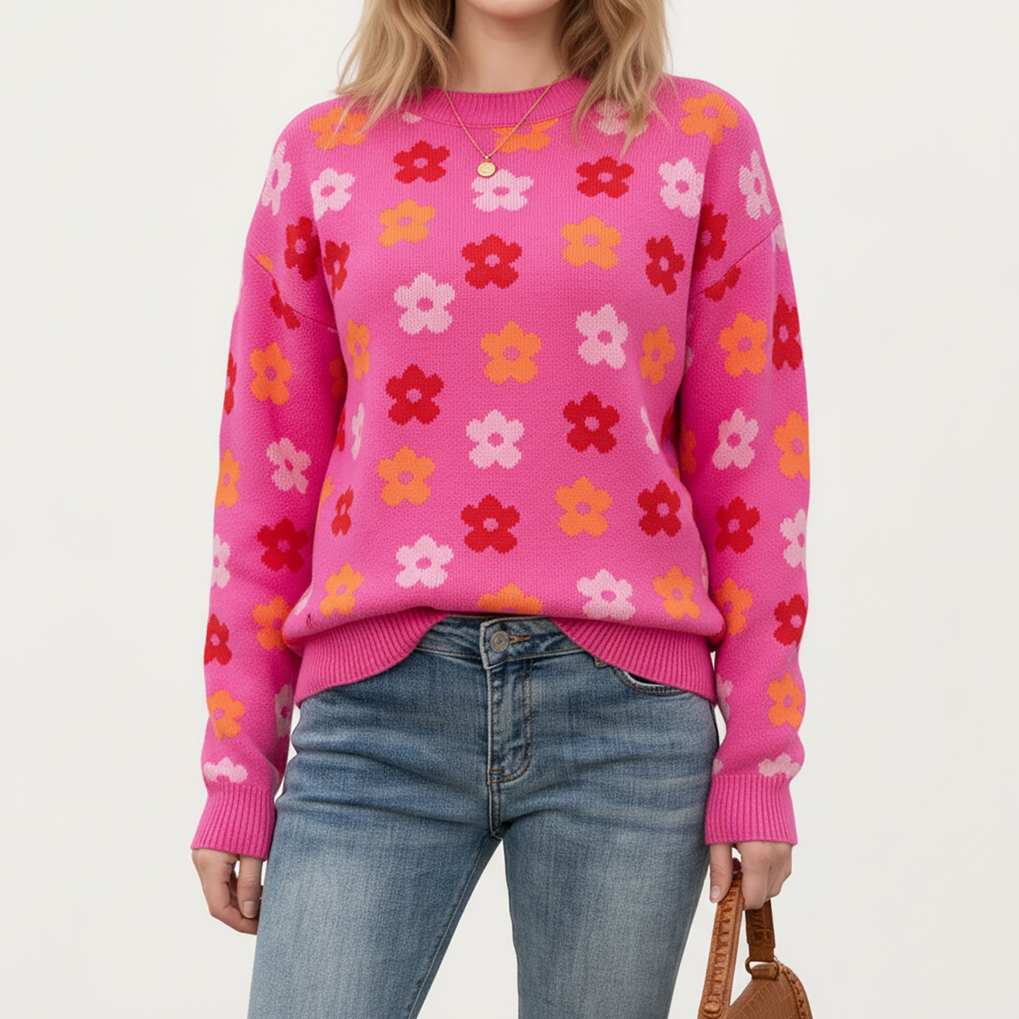 Anna-Kaci Women's Flower Pattern Knit Sweater with Long Sleeves, Soft Textured Feel and Comfortable Relaxed Everyday Fit