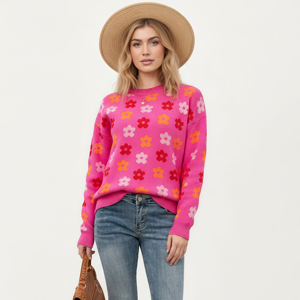 Anna-Kaci Women's Flower Pattern Knit Sweater with Long Sleeves, Soft Textured Feel and Comfortable Relaxed Everyday Fit