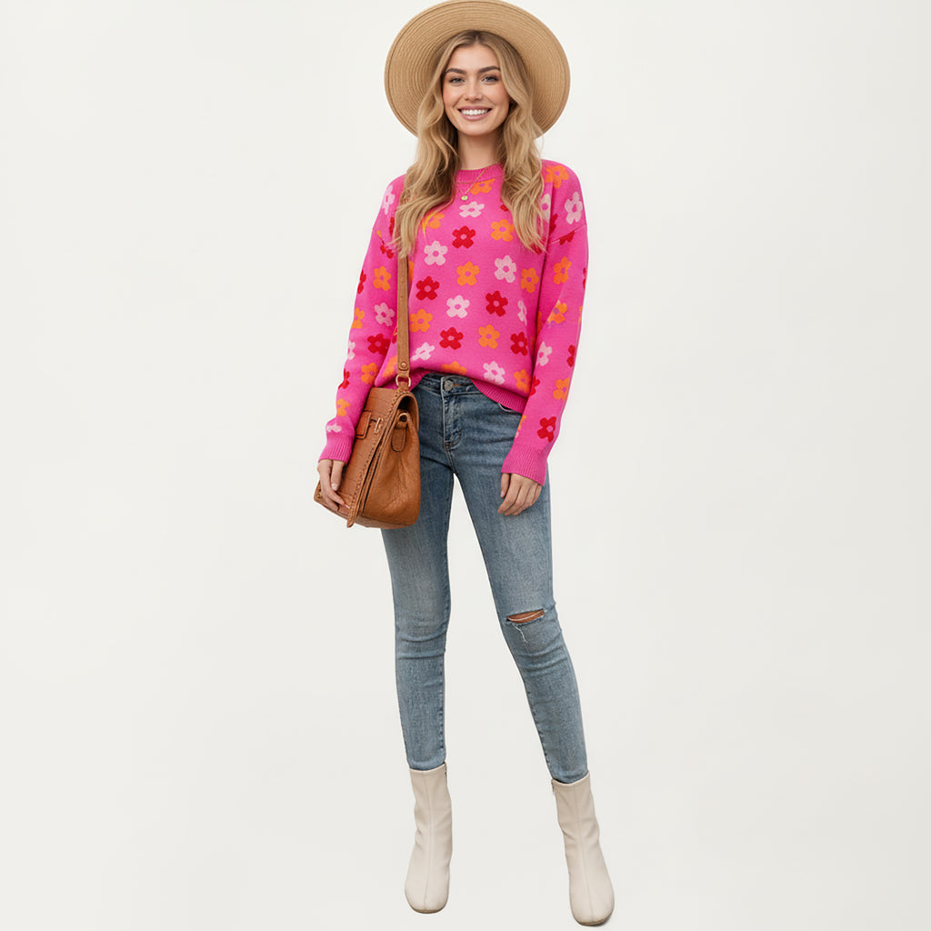 Anna-Kaci Women's Flower Pattern Knit Sweater with Long Sleeves, Soft Textured Feel and Comfortable Relaxed Everyday Fit