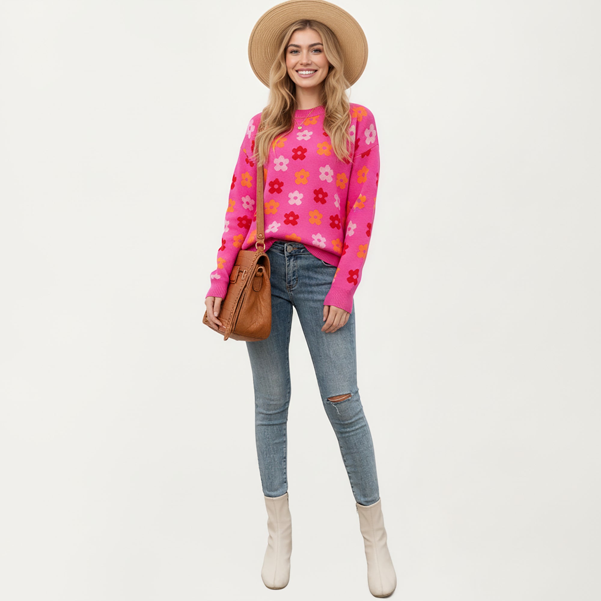 Anna-Kaci Women's Flower Pattern Knit Sweater with Long Sleeves, Soft Textured Feel and Comfortable Relaxed Everyday Fit