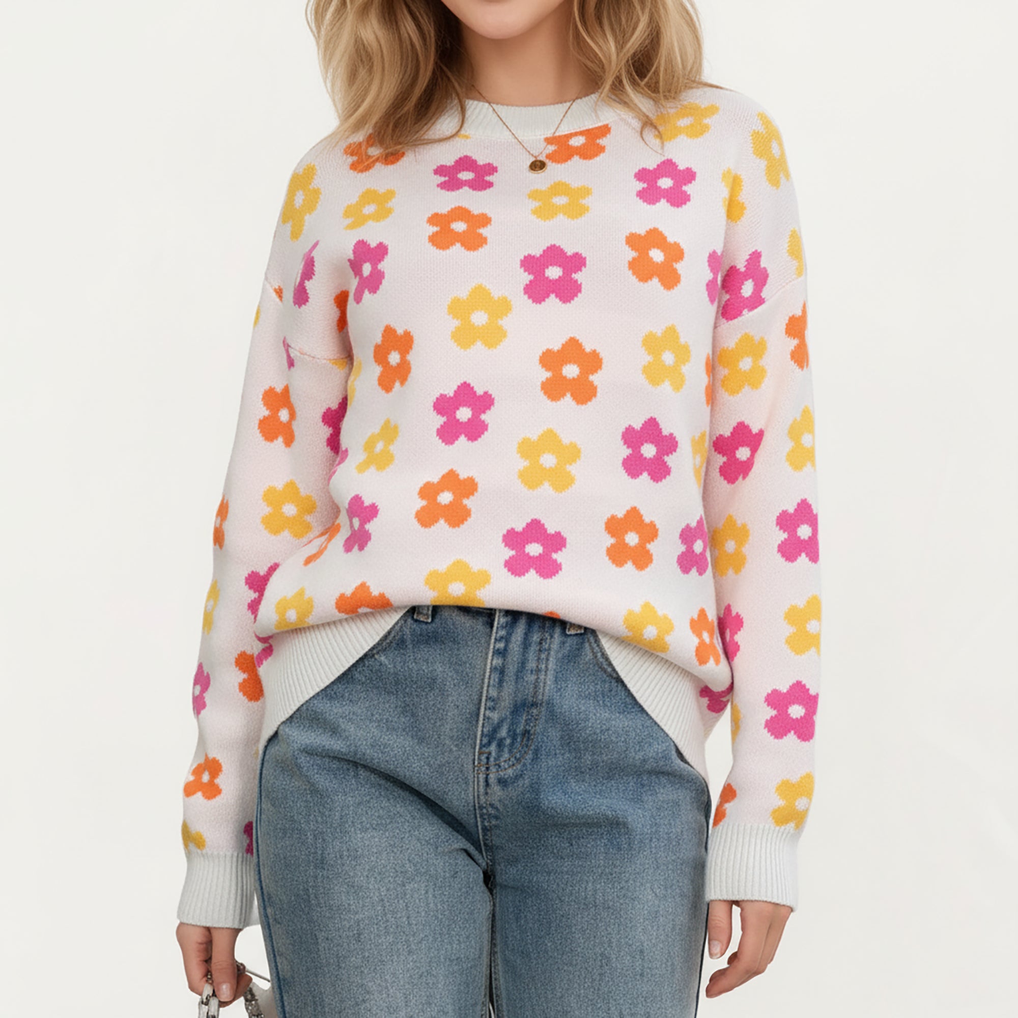 Anna-Kaci Women's Flower Pattern Knit Sweater with Long Sleeves, Soft Textured Feel and Comfortable Relaxed Everyday Fit