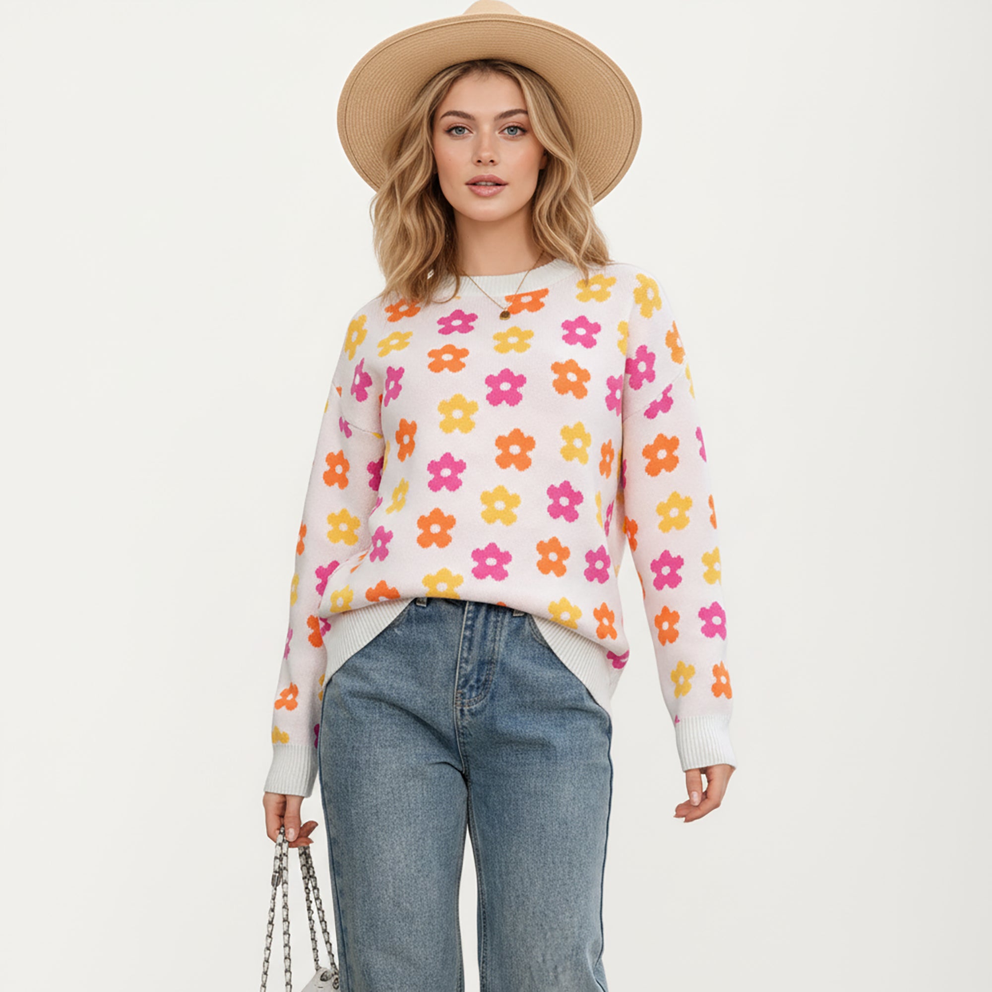 Anna-Kaci Women's Flower Pattern Knit Sweater with Long Sleeves, Soft Textured Feel and Comfortable Relaxed Everyday Fit