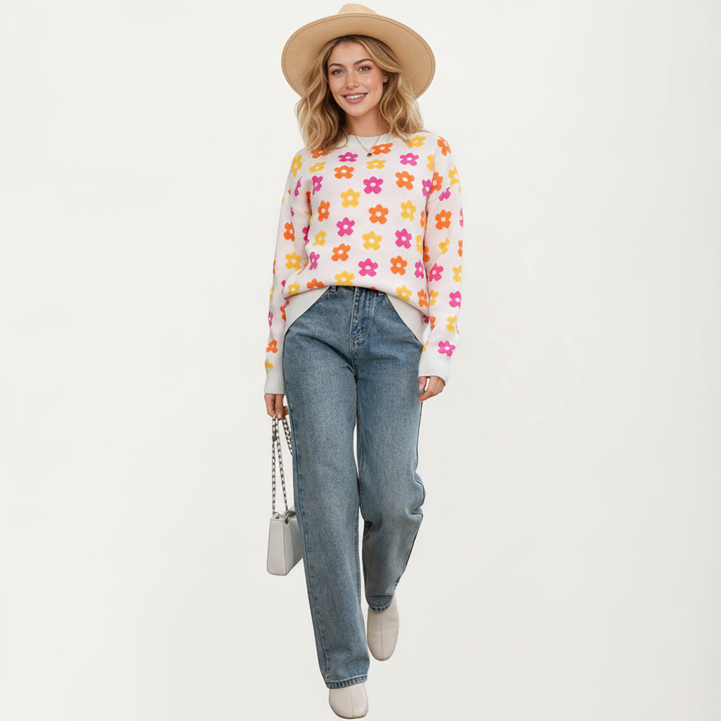 Anna-Kaci Women's Flower Pattern Knit Sweater with Long Sleeves, Soft Textured Feel and Comfortable Relaxed Everyday Fit
