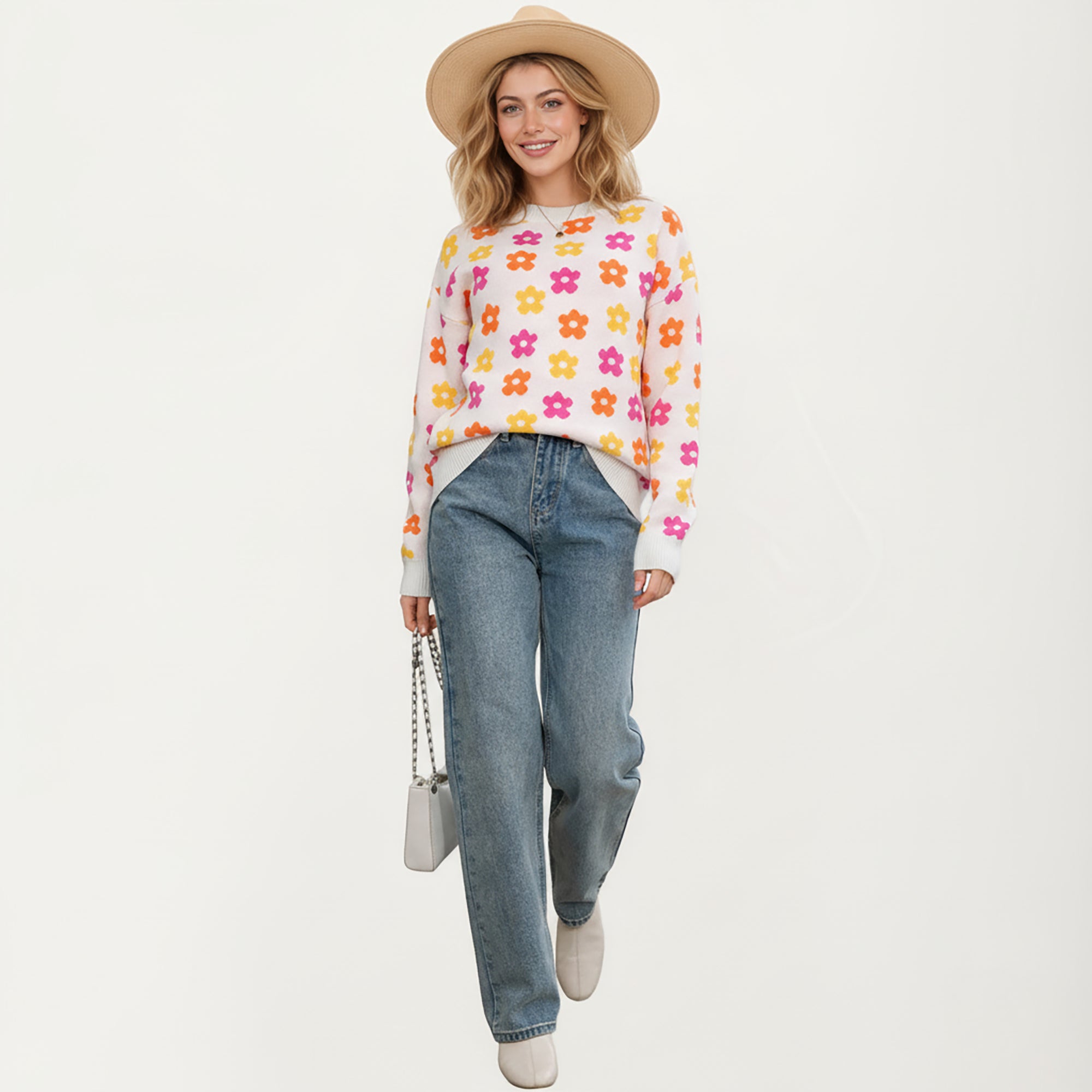 Anna-Kaci Women's Flower Pattern Knit Sweater with Long Sleeves, Soft Textured Feel and Comfortable Relaxed Everyday Fit