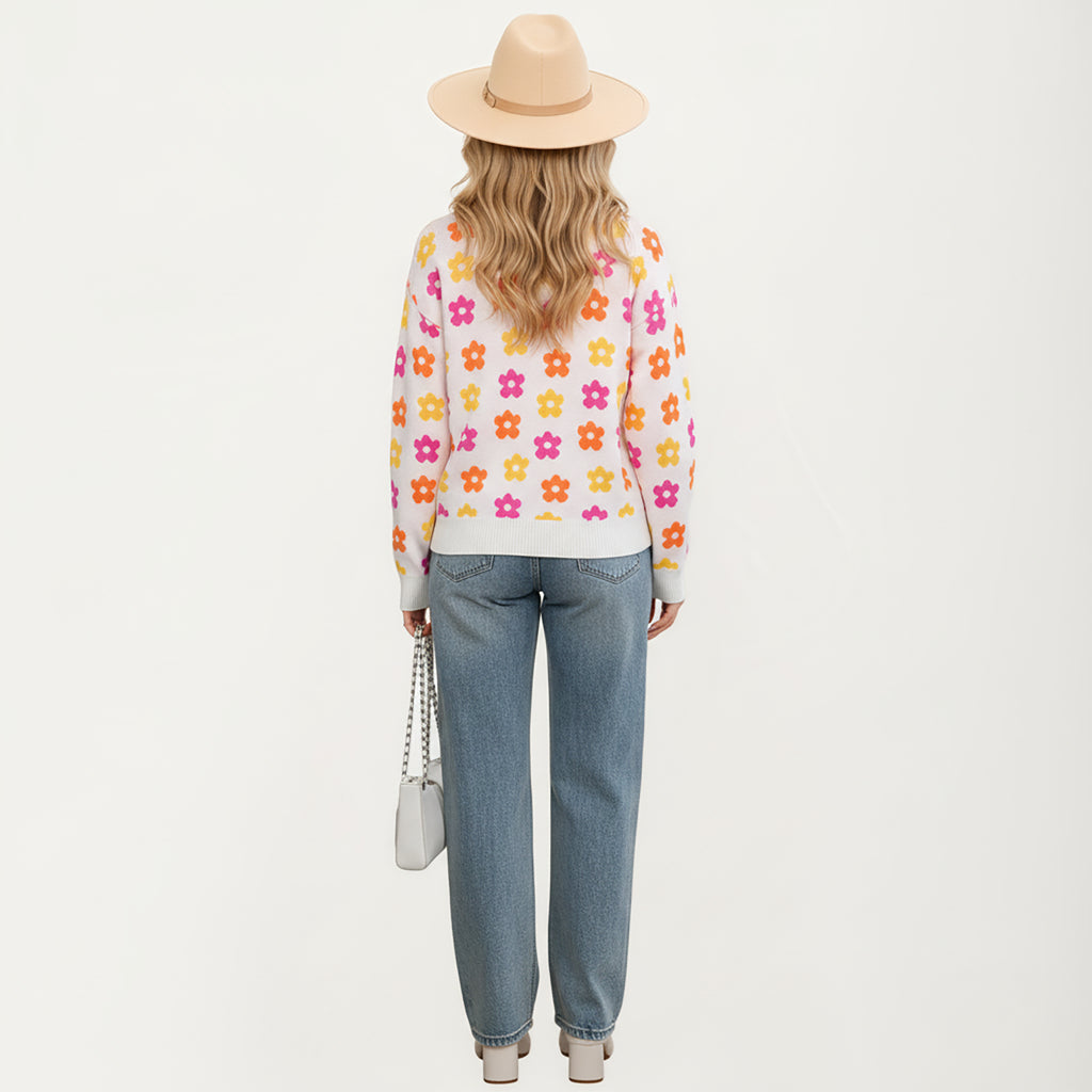Anna-Kaci Women's Flower Pattern Knit Sweater with Long Sleeves, Soft Textured Feel and Comfortable Relaxed Everyday Fit