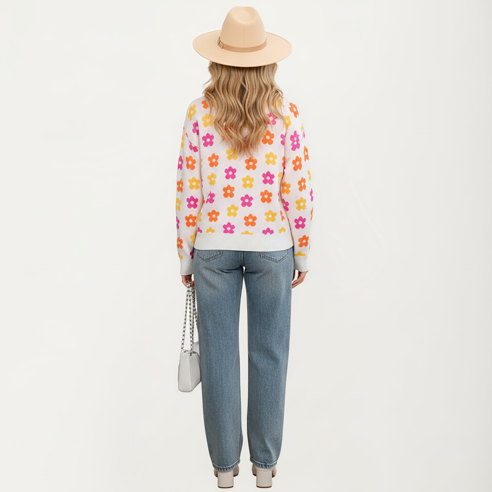 Anna-Kaci Women's Flower Pattern Knit Sweater with Long Sleeves, Soft Textured Feel and Comfortable Relaxed Everyday Fit