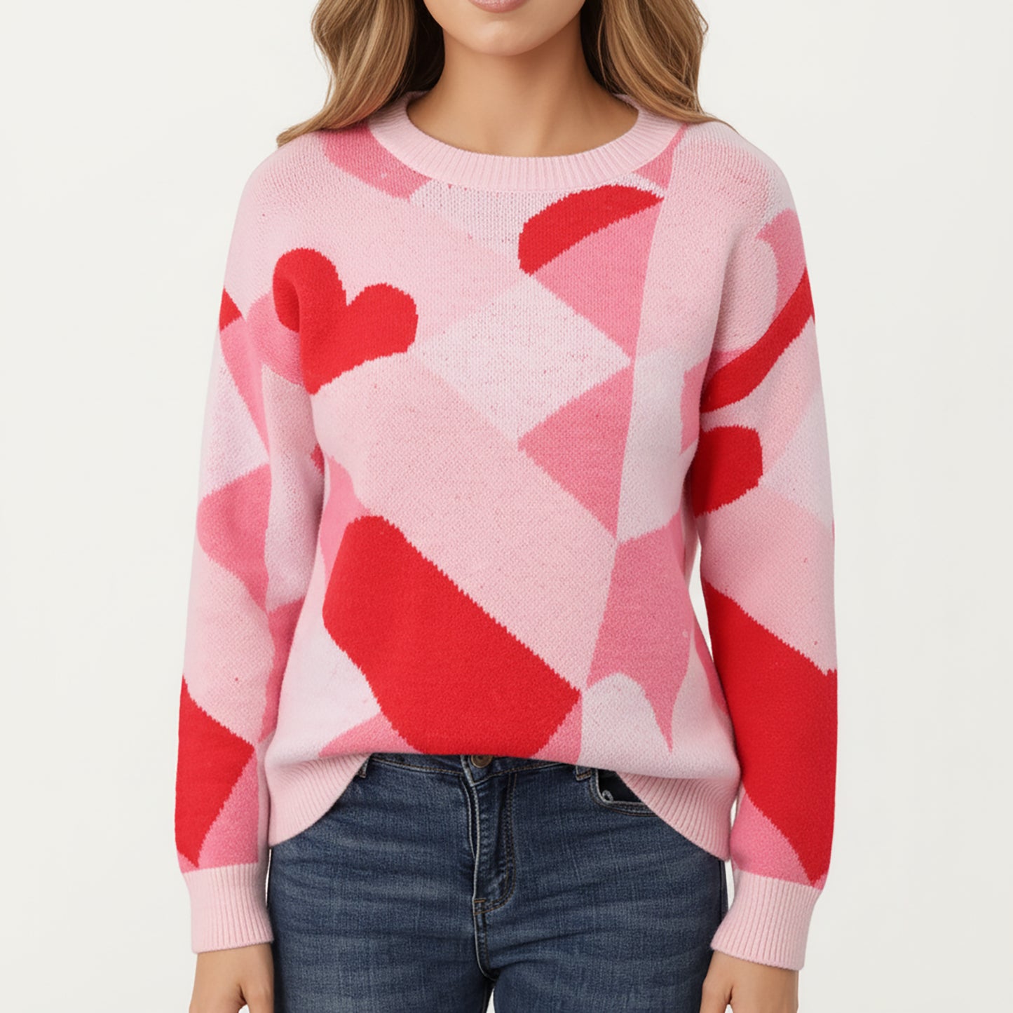 Anna-Kaci Women's Abstract Heart Pattern Knit Sweater with Long Sleeves, Soft Textured Feel and Comfortable Relaxed Everyday Fit