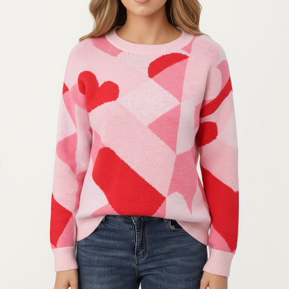 Anna-Kaci Women's Abstract Heart Pattern Knit Sweater with Long Sleeves, Soft Textured Feel and Comfortable Relaxed Everyday Fit