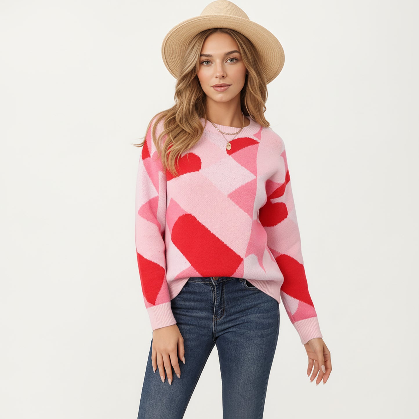 Anna-Kaci Women's Abstract Heart Pattern Knit Sweater with Long Sleeves, Soft Textured Feel and Comfortable Relaxed Everyday Fit
