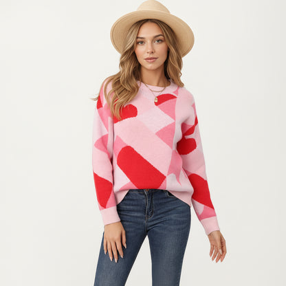 Anna-Kaci Women's Abstract Heart Pattern Knit Sweater with Long Sleeves, Soft Textured Feel and Comfortable Relaxed Everyday Fit