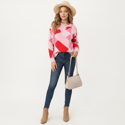 Anna-Kaci Women's Abstract Heart Pattern Knit Sweater with Long Sleeves, Soft Textured Feel and Comfortable Relaxed Everyday Fit