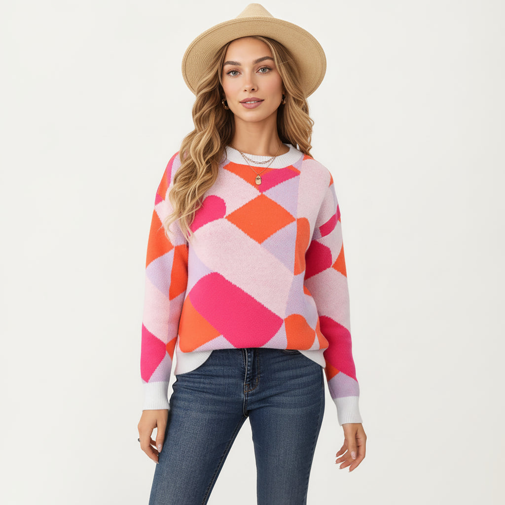 Anna-Kaci Women's Abstract Heart Pattern Knit Sweater with Long Sleeves, Soft Textured Feel and Comfortable Relaxed Everyday Fit
