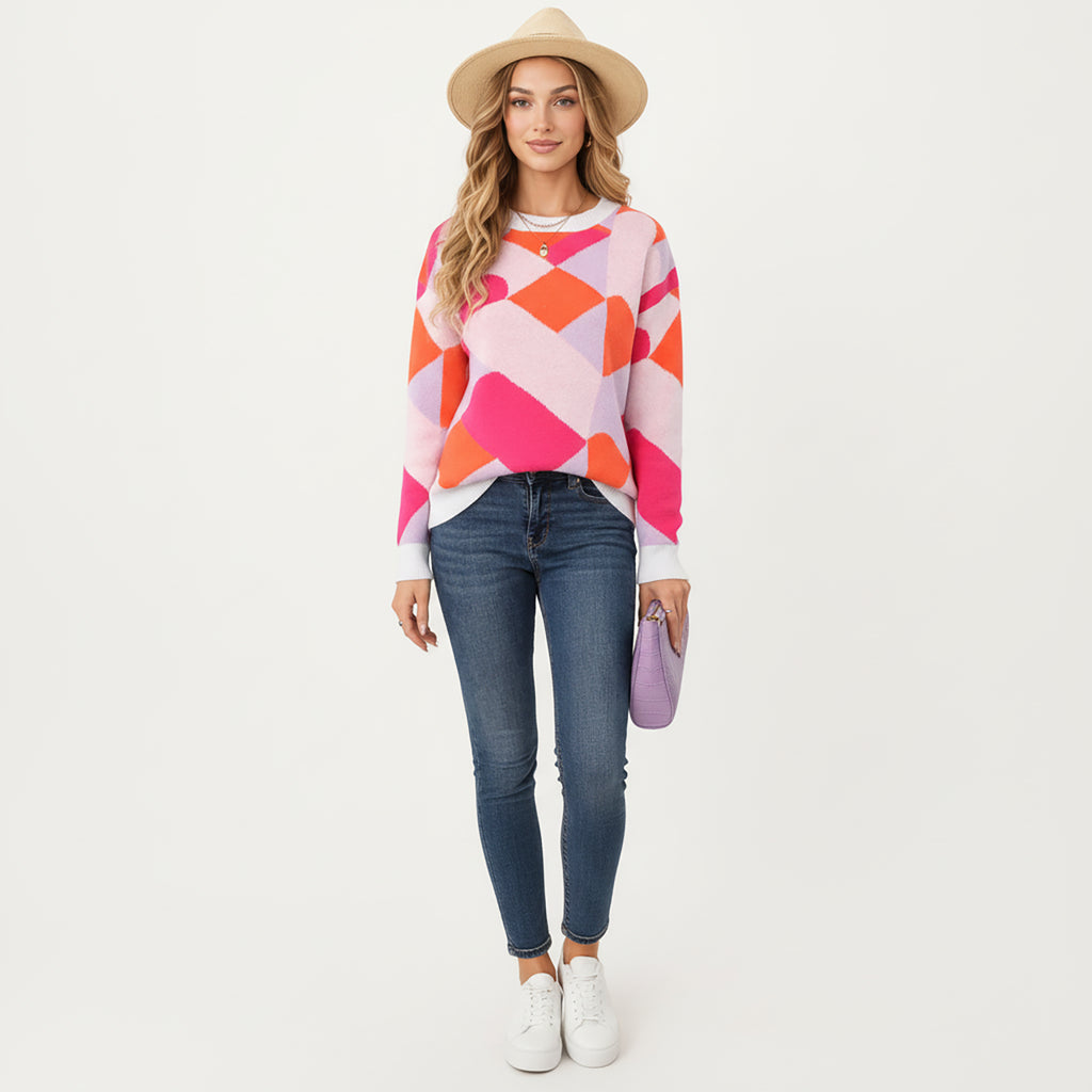 Anna-Kaci Women's Abstract Heart Pattern Knit Sweater with Long Sleeves, Soft Textured Feel and Comfortable Relaxed Everyday Fit