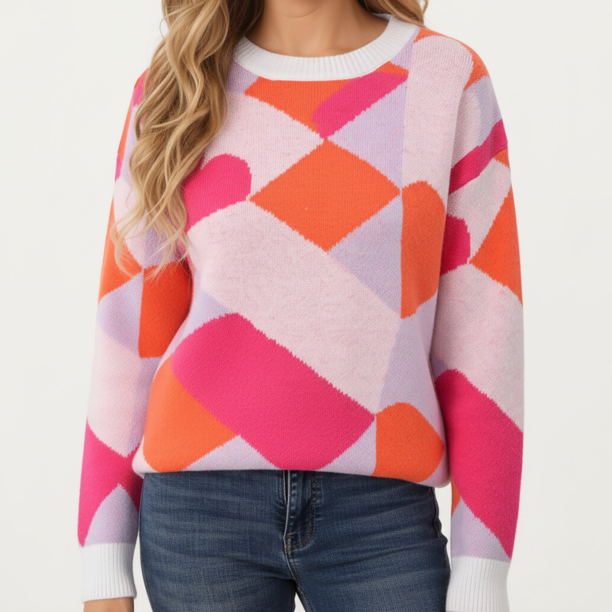 Anna-Kaci Women's Abstract Heart Pattern Knit Sweater with Long Sleeves, Soft Textured Feel and Comfortable Relaxed Everyday Fit