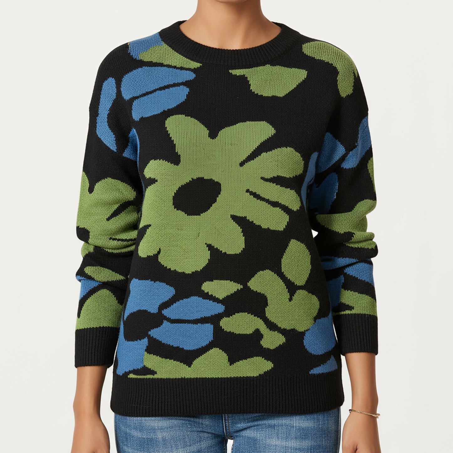 Anna-Kaci Women's Bold Floral Pattern Knit Sweater with Soft Textured Feel, Long Sleeves and Comfortable Relaxed Fit