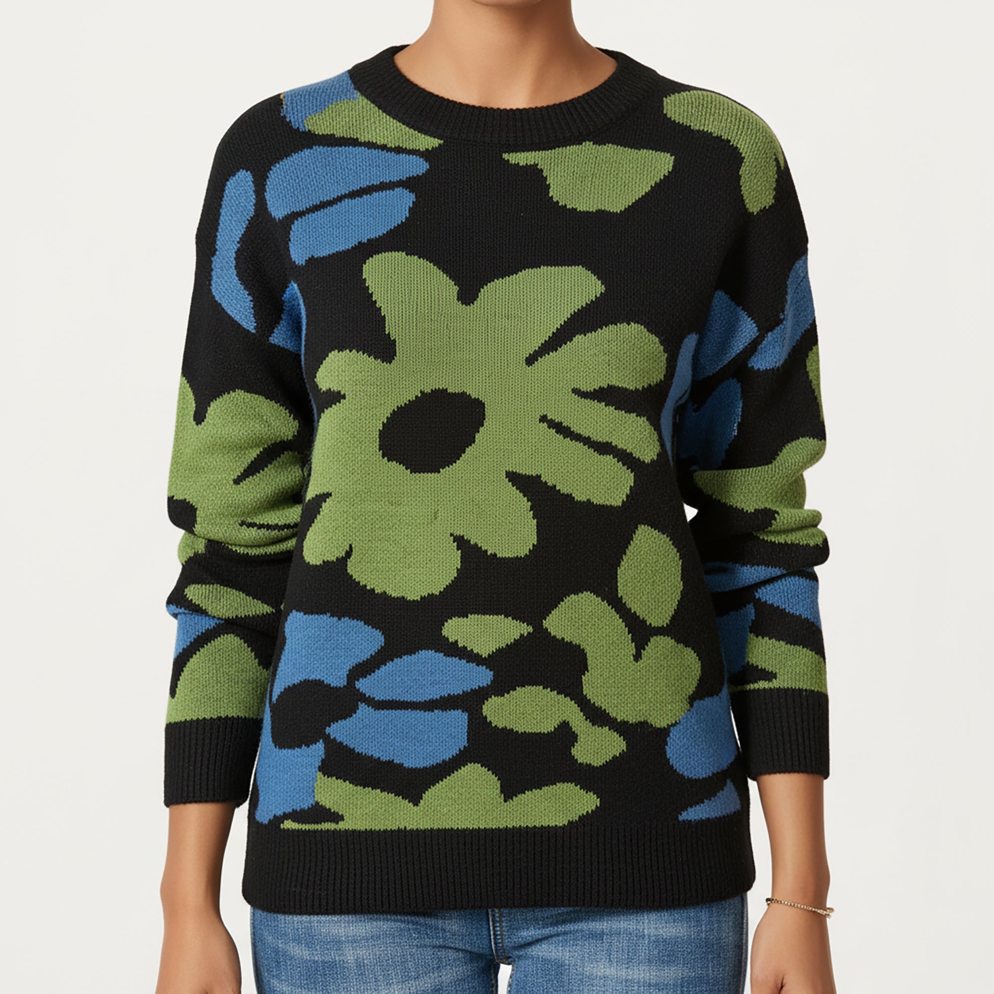 Anna-Kaci Women's Bold Floral Pattern Knit Sweater with Soft Textured Feel, Long Sleeves and Comfortable Relaxed Fit
