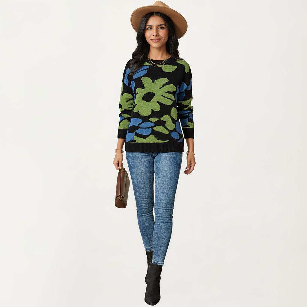 Anna-Kaci Women's Bold Floral Pattern Knit Sweater with Soft Textured Feel, Long Sleeves and Comfortable Relaxed Fit