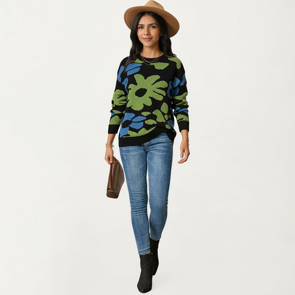 Anna-Kaci Women's Bold Floral Pattern Knit Sweater with Soft Textured Feel, Long Sleeves and Comfortable Relaxed Fit