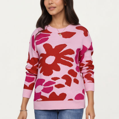 Anna-Kaci Women's Bold Floral Pattern Knit Sweater with Soft Textured Feel, Long Sleeves and Comfortable Relaxed Fit