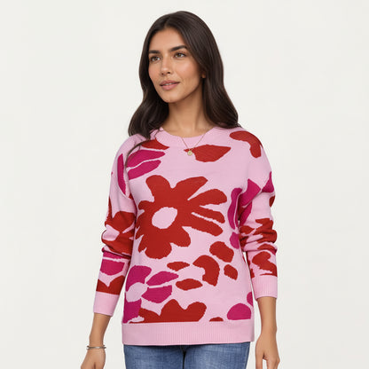 Anna-Kaci Women's Bold Floral Pattern Knit Sweater with Soft Textured Feel, Long Sleeves and Comfortable Relaxed Fit