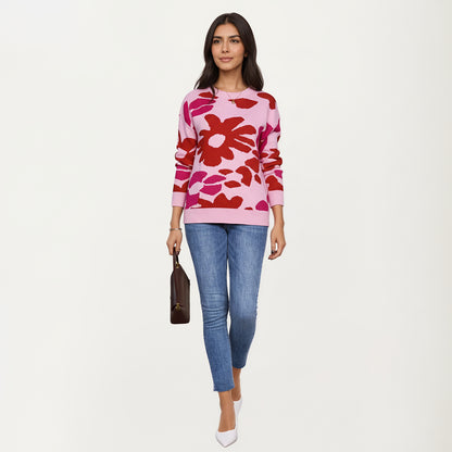 Anna-Kaci Women's Bold Floral Pattern Knit Sweater with Soft Textured Feel, Long Sleeves and Comfortable Relaxed Fit