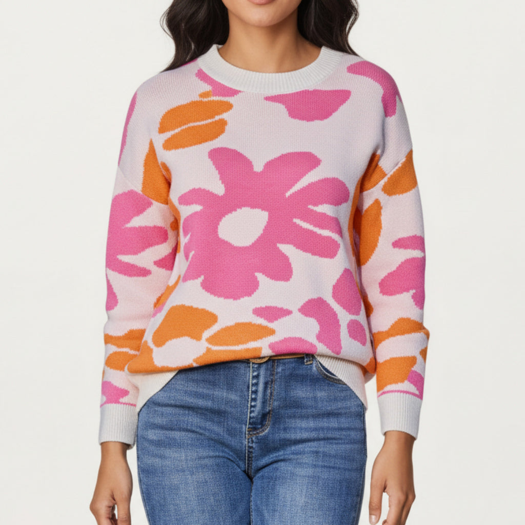 Anna-Kaci Women's Bold Floral Pattern Knit Sweater with Soft Textured Feel, Long Sleeves and Comfortable Relaxed Fit
