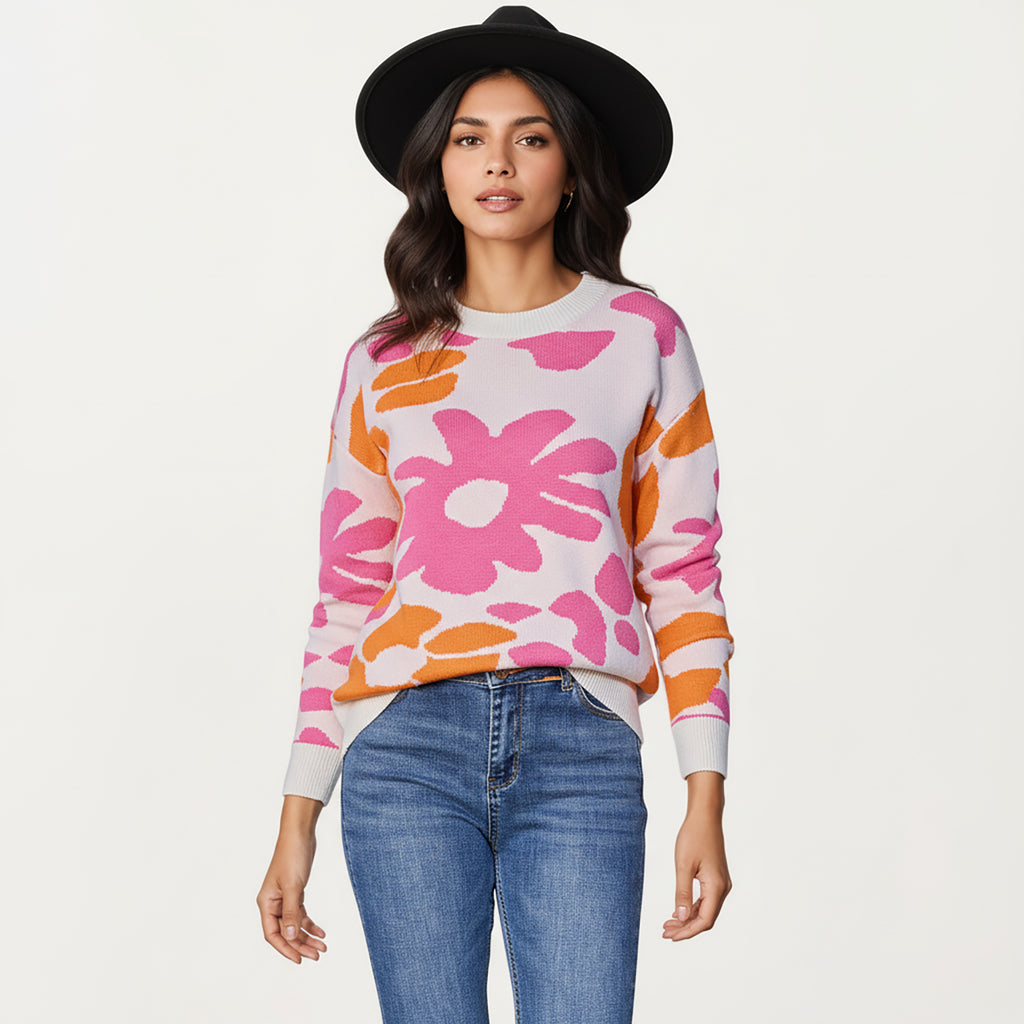 Anna-Kaci Women's Bold Floral Pattern Knit Sweater with Soft Textured Feel, Long Sleeves and Comfortable Relaxed Fit