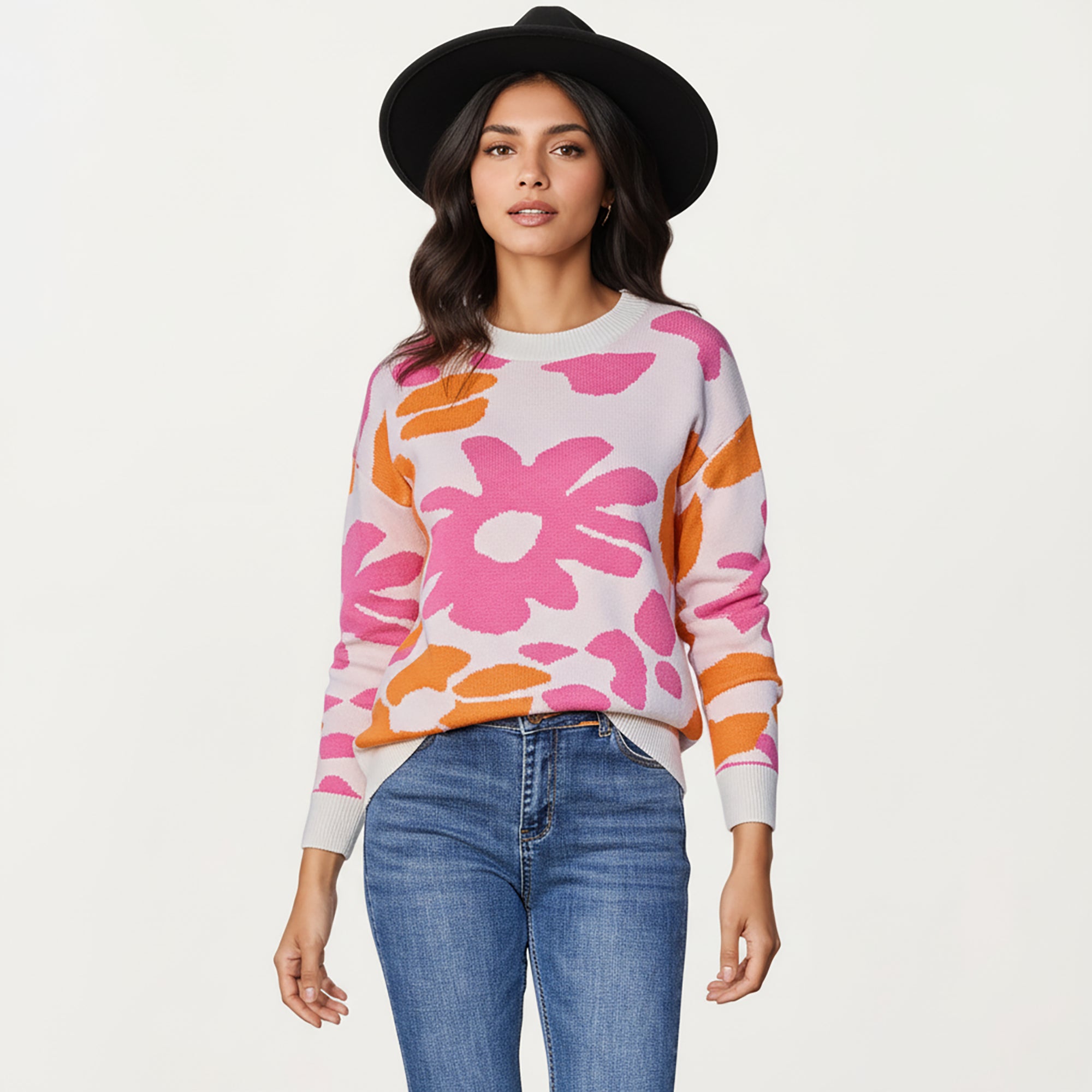 Anna-Kaci Women's Bold Floral Pattern Knit Sweater with Soft Textured Feel, Long Sleeves and Comfortable Relaxed Fit