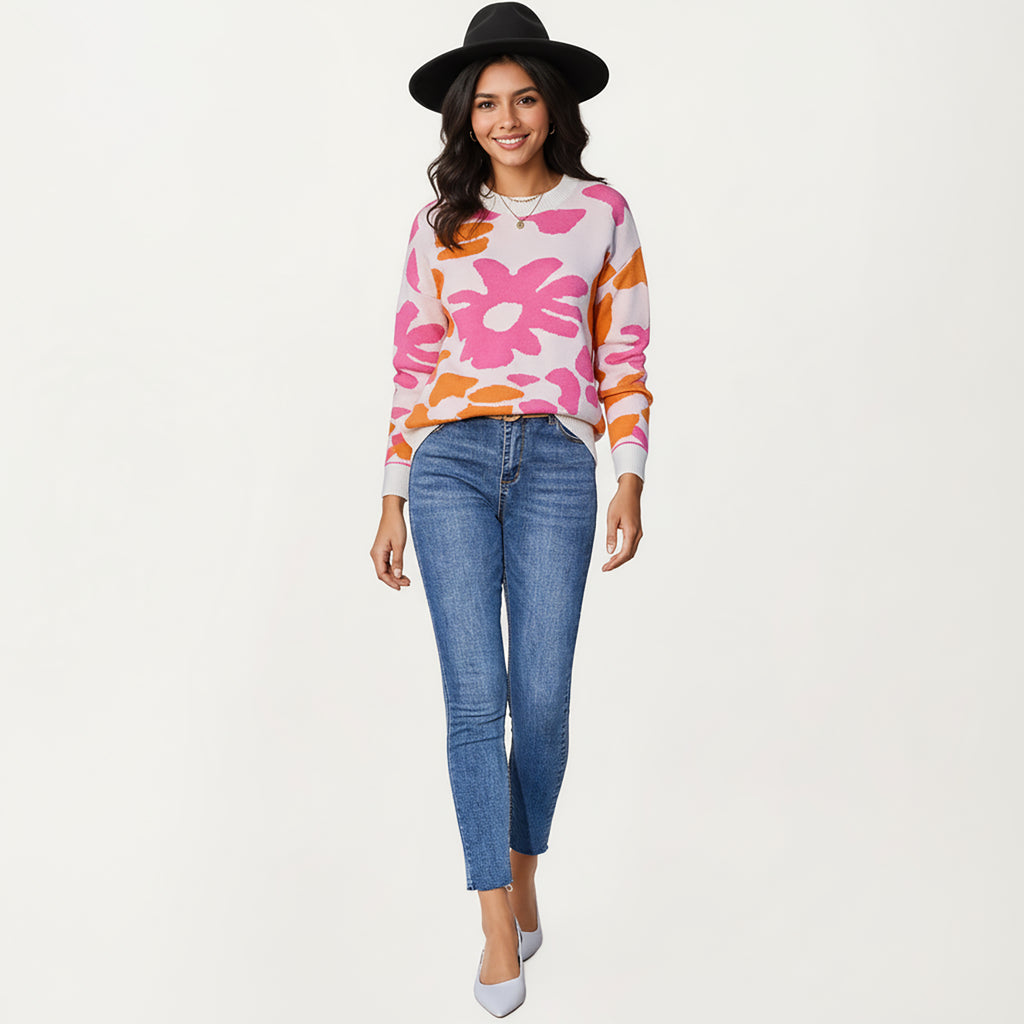 Anna-Kaci Women's Bold Floral Pattern Knit Sweater with Soft Textured Feel, Long Sleeves and Comfortable Relaxed Fit