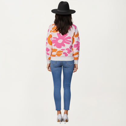 Anna-Kaci Women's Bold Floral Pattern Knit Sweater with Soft Textured Feel, Long Sleeves and Comfortable Relaxed Fit