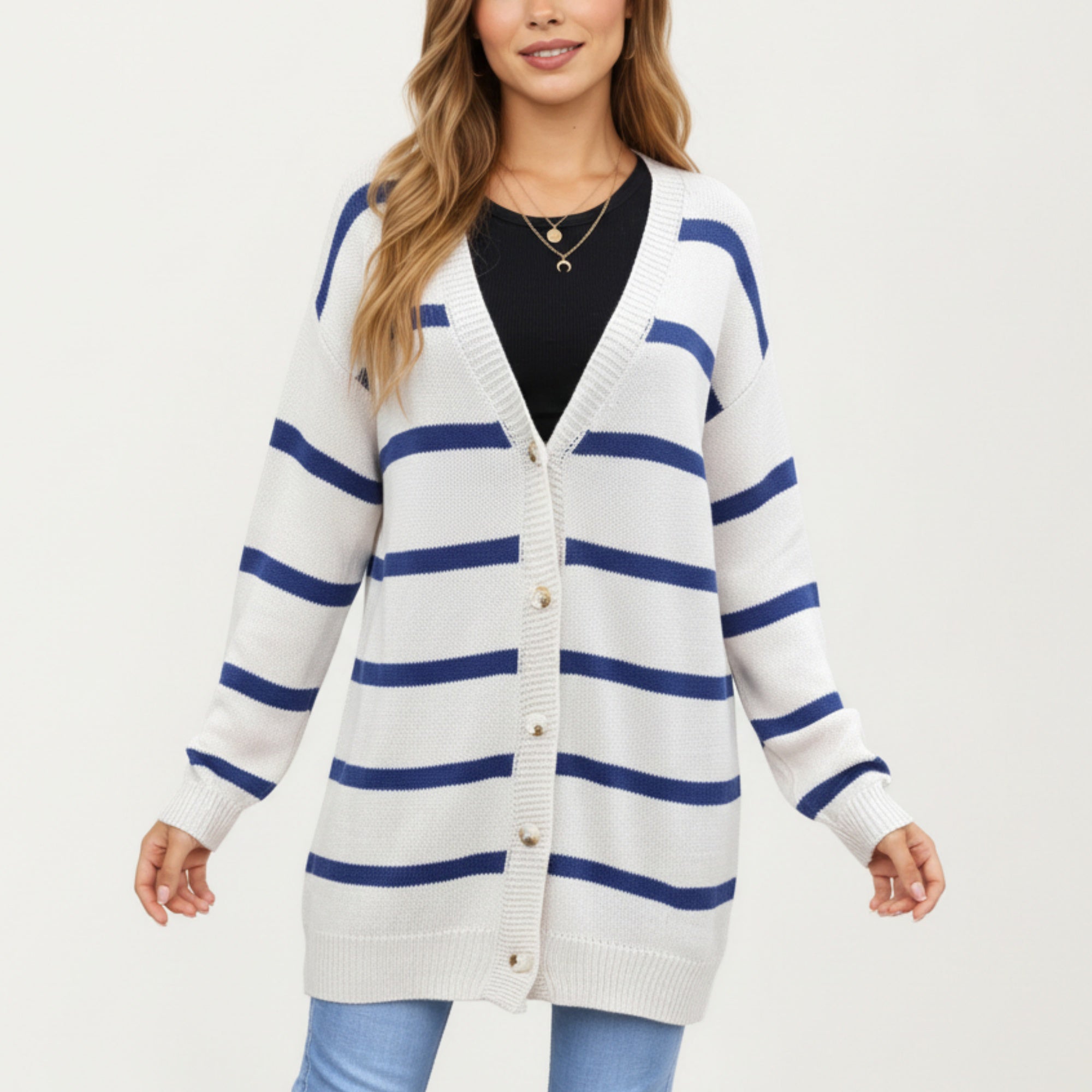Anna-Kaci Women's Long Sleeve Striped Knit Button Front Cardigan with Soft Textured Feel and Relaxed Drop Shoulder Fit